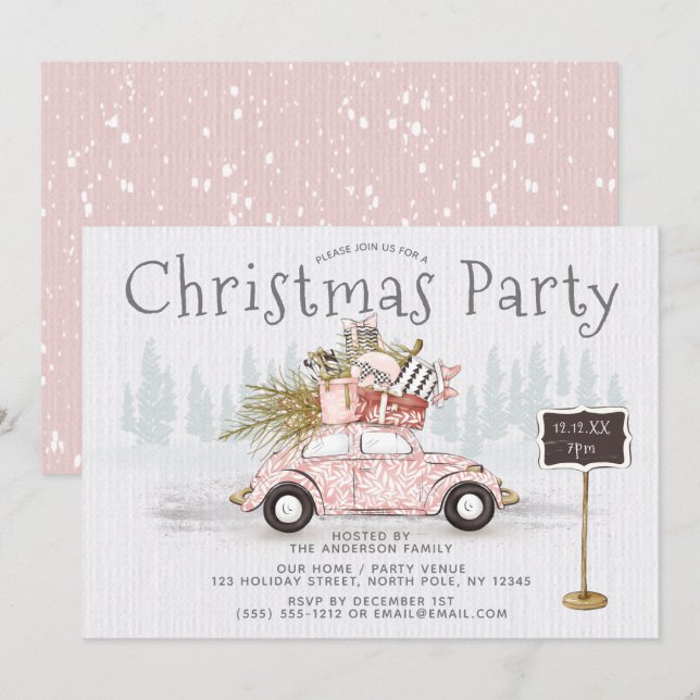 Invitation Vintage Car Woodland Noël Party (Devant / Derrière)