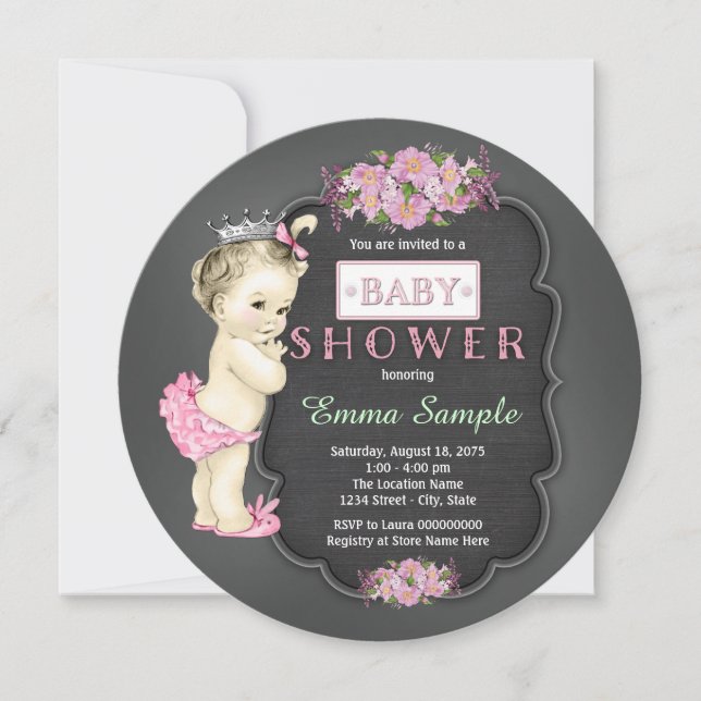 Invitation Vintage Chalkboard Baby Girl Douche (Devant)