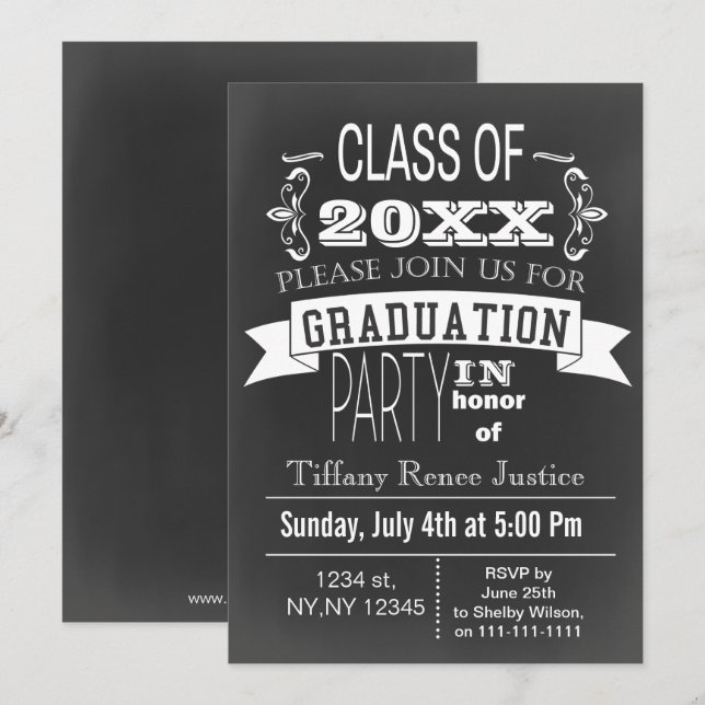 Invitation vintage Chalkboard Graduation Party (Devant / Derrière)