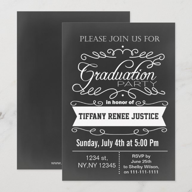 Invitation vintage Chalkboard Graduation Party (Devant / Derrière)