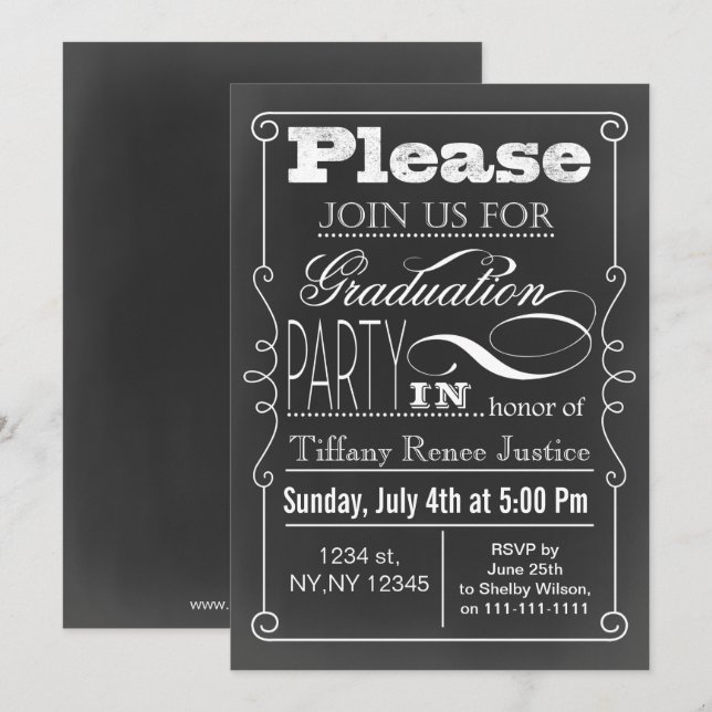 Invitation vintage Chalkboard Graduation Party (Devant / Derrière)