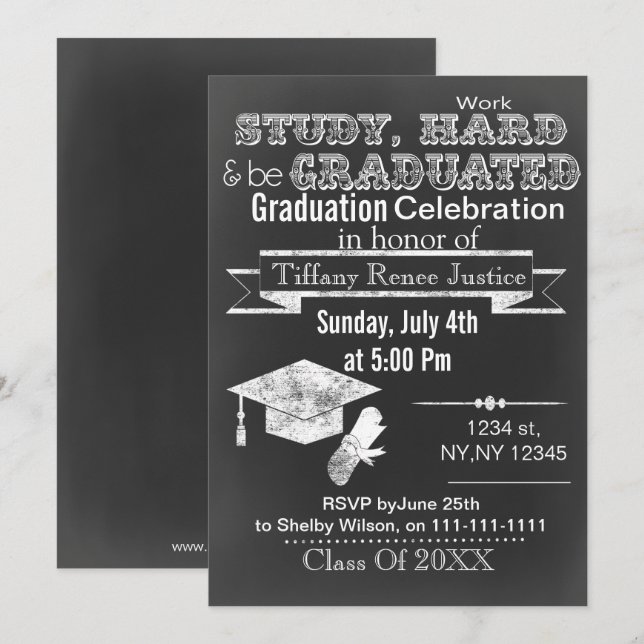 Invitation vintage Chalkboard Graduation Party (Devant / Derrière)