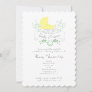 Invitation vintage chariot neutre BABY SHOWER jaune prêtre