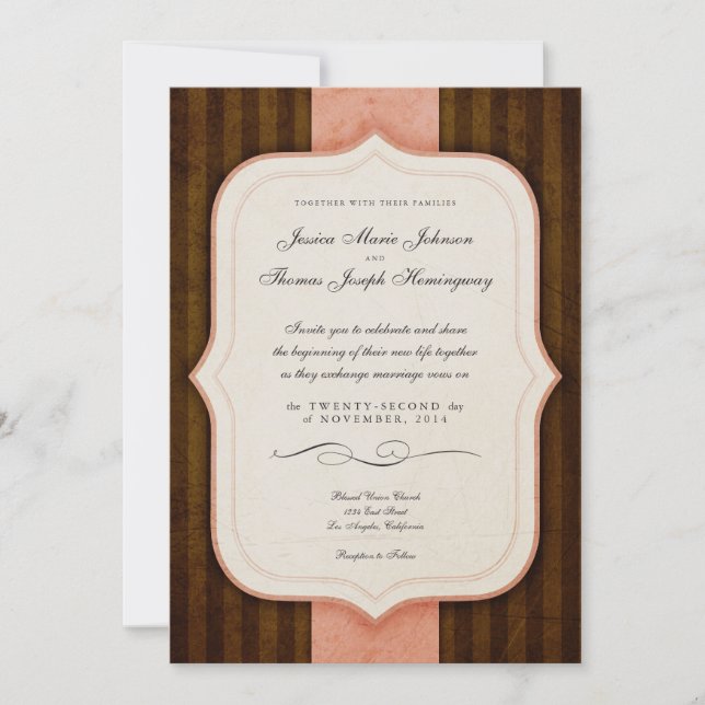 Invitation Vintage Charme rose et chocolat Mariage Monogramme (Devant)