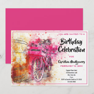 Invitation Vintage Chic Rose Aquarelle Vélo Anniversaire