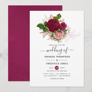 Invitation Vintage Chic Rose et Bourgogne Floral Mariage