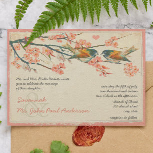 Invitation Vintage Coral clair Inséparables Turquoises