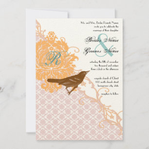 Invitation Vintage Coral rose Aqua Endive Mariage damassé