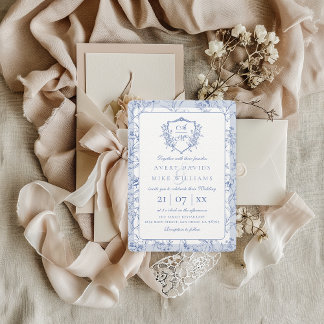 Invitation Vintage Crest Dusty Blue Rose Mariage