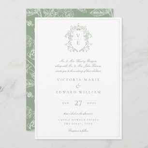 Invitation Vintage Crest Monogramme Mariage Sage
