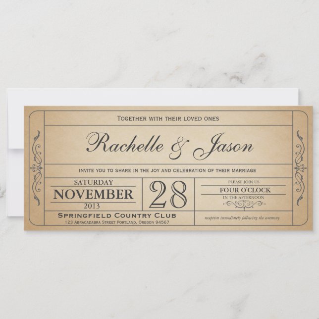 Invitation vintage de billet de mariage (Devant)