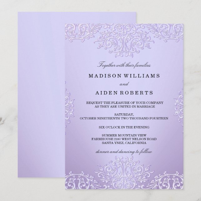 Invitation Vintage de Mariage damassé violet (Devant / Derrière)