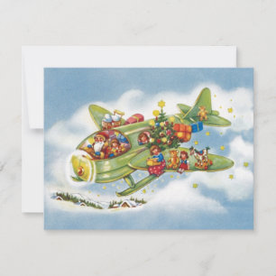 Invitation vintage de Noël, avion du Père Noël
