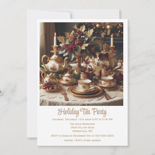 Invitation vintage Elegant Holiday Tea Party (Devant)