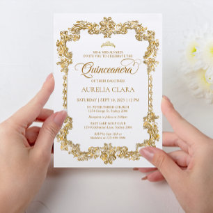 Invitation Vintage Elégant ivoire Blanc Or Tiara Quinceanera