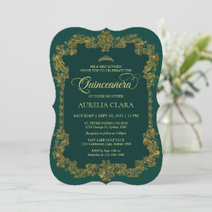 Invitation Vintage Elegant Vert Or Tiara Quinceanera