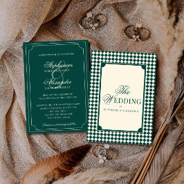 Invitation Vintage Emerald Green Checkered Old Money Wedding