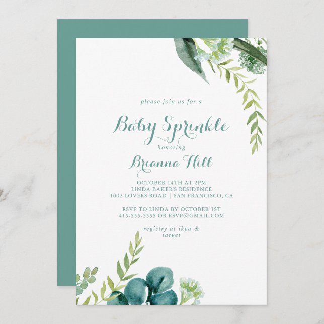 Invitation Vintage Eucalyptus Vert Bébé Parsemer (Devant / Derrière)