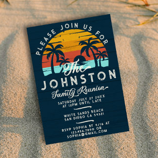 Invitation Vintage Famille Réunion Rétro Sunset Beach Palmier