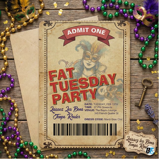 Invitation Vintage Fat Tuesday Party Ticket | Mardi Gras (Créateur téléchargé)