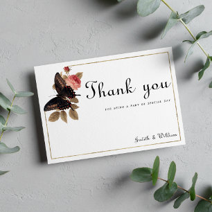 Invitation Vintage fleuri Merci brun rose papillon