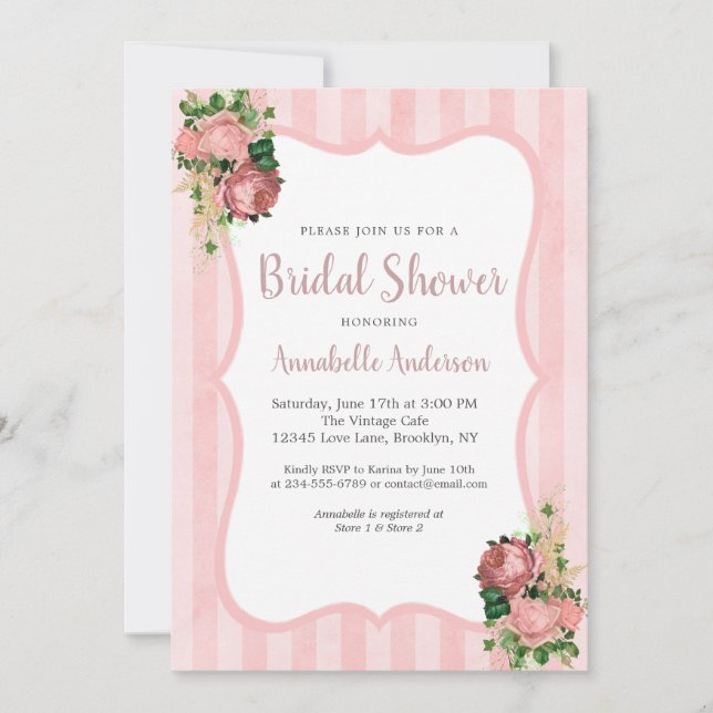 Invitation Vintage Floral Blush Pink Stripes Fête des mariées (Devant)