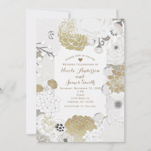 Invitation Vintage Floral Botanique Blanc Mariage or
