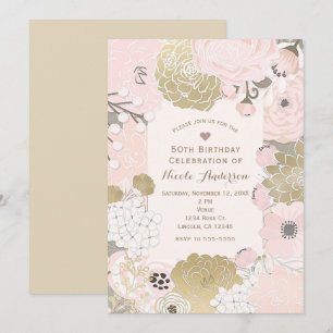 Invitation Vintage Floral Botanique Rose Or Anniversaire