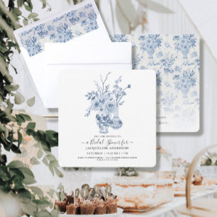 Invitation Vintage Floral Carré Bleu n Fête des mariées blanc