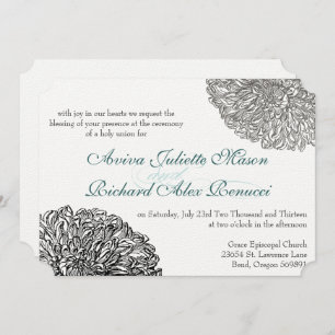 Invitation Vintage Floral Chrysanthemum Gris Turquoise Aqua
