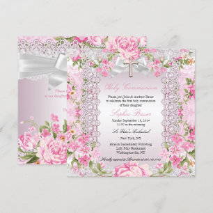 Invitation Vintage Floral Croix première communion rose B