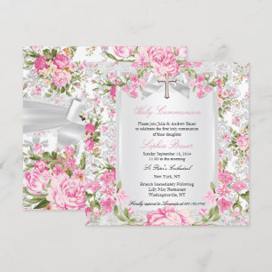 Invitation Vintage Floral Cross Première communion rose 3
