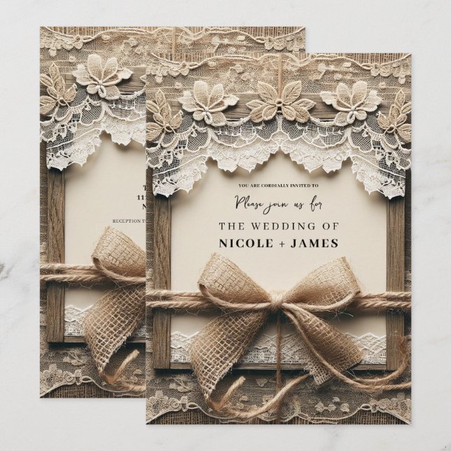 Invitation Vintage Floral Dentelle Burlap Bow Rustique Mariag (Devant / Derrière)