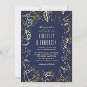 Invitation Vintage Floral Navy et Gold Fête de l'mariée