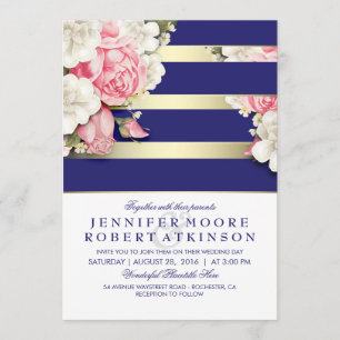 Invitation Vintage Floral Navy et Gold Stripes Mariage