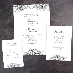 Invitation Vintage Floral noir blanc Mariage botanique