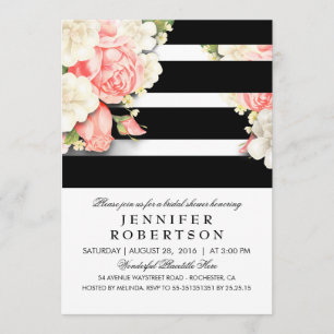 Invitation Vintage Floral noir blanc rayures Fête des mariées
