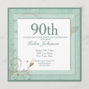 Invitation Vintage Floral Turquoise Elégant 90ème Anniversair