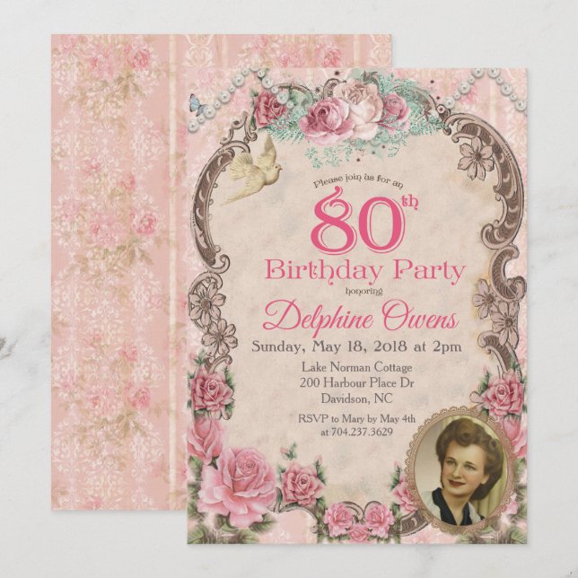 Invitation vintage Florale 80e anniversaire (Devant / Derrière)
