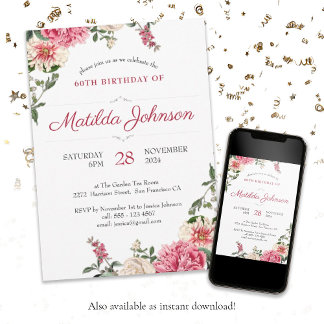 Invitation Vintage Florale Botanique 60e fête d'anniversaire