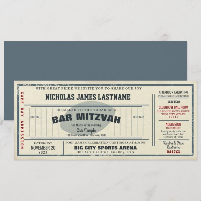Invitation Vintage Football Pass Bar Mitzvah (Devant / Derrière)