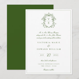 Invitation Vintage Forest Green Crest Monogramme Mariage