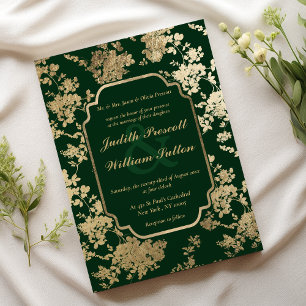 Invitation Vintage Forêt vert or Mariage modèle Floral