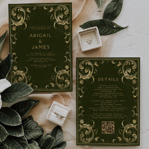 Invitation Vintage Frame Olive Green Gold QR Code Mariage
