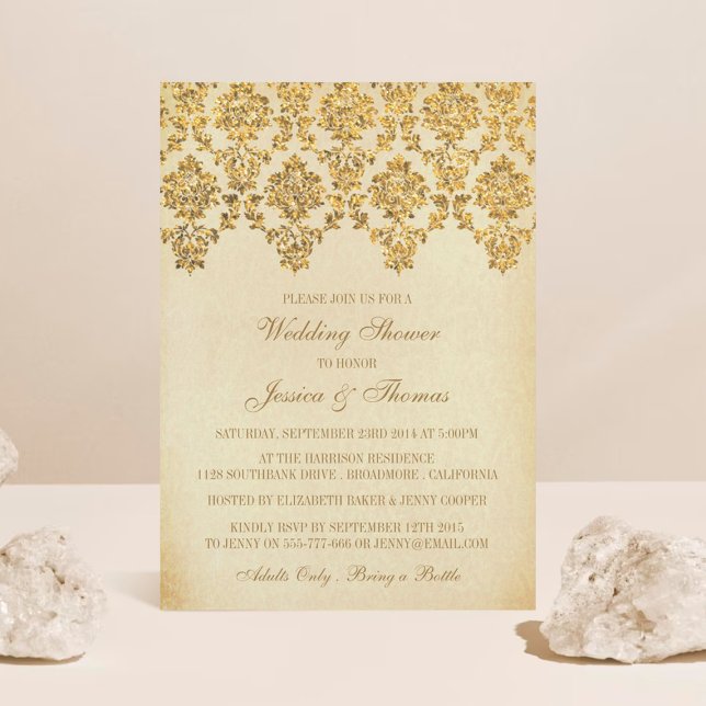 Invitation Vintage Glam Gold Mariage damassé (Créateur téléchargé)