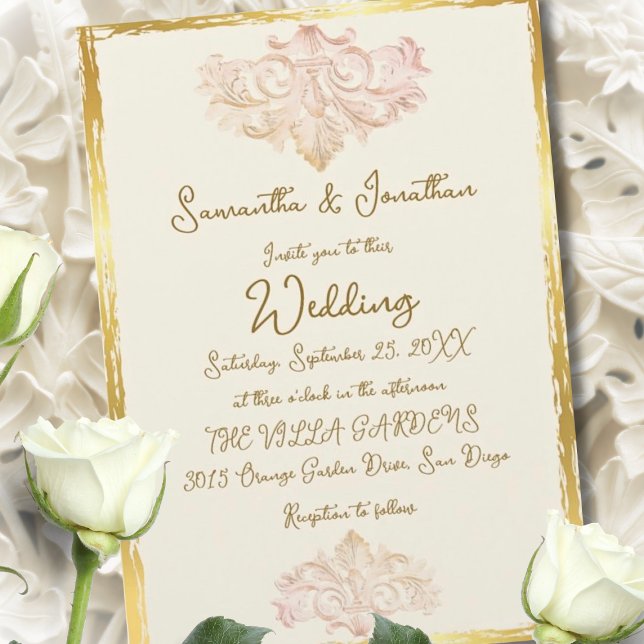 Invitation Vintage Gold Baroque Wedding Elegance (Elegant baroque wedding invitation framed in gold, featuring soft blush scrolls and timeless romance)