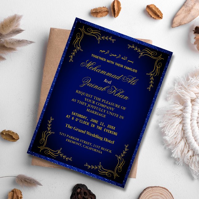 Invitation Vintage Gold Frame Royal Blue Mariage islamique (Créateur téléchargé)
