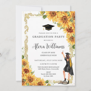 Invitation Vintage Gold Sunflower Graduation Brunette Girl