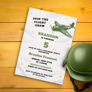 Invitation Vintage Green Army Airplane Military 5th Birthday
