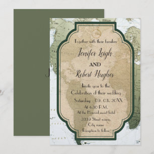Invitation Vintage Green World Voyage thème mariage